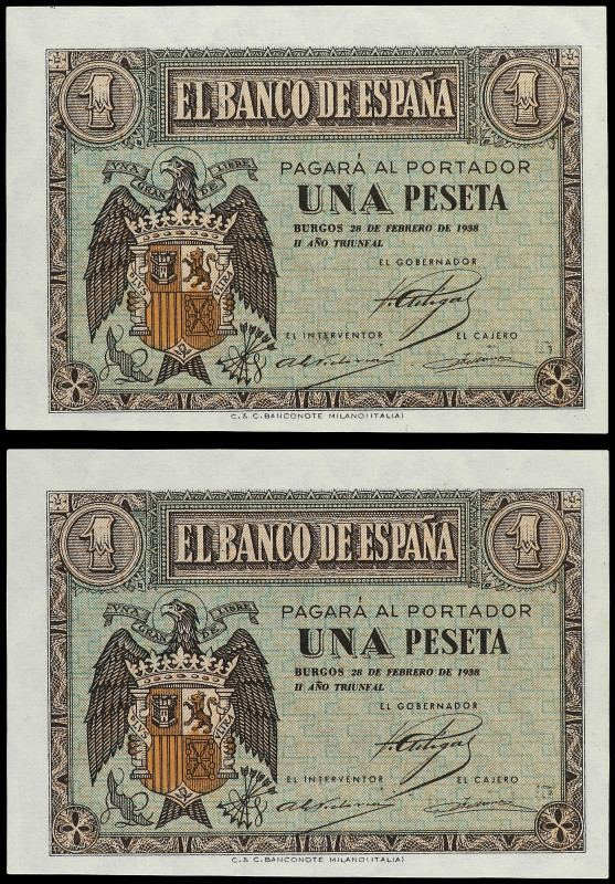 Lote 2 billetes 1 Peseta. 28 Febrero 1938. Serie G. Pareja correlativa. (Pequeña...