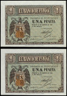 Lote 2 billetes 1 Peseta. 28 Febrero 1938. Serie G. Pareja correlativa. (Pequeñas arrugas). Ed-427b. SC-.