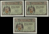 Lote 3 billetes 1 Peseta. 30 Abril 1938. Serie N. Trío correlativo. (Levísimas arruguitas, ínfimas manchitas y esquina algo tocada). Ed-428b. SC- a SC...