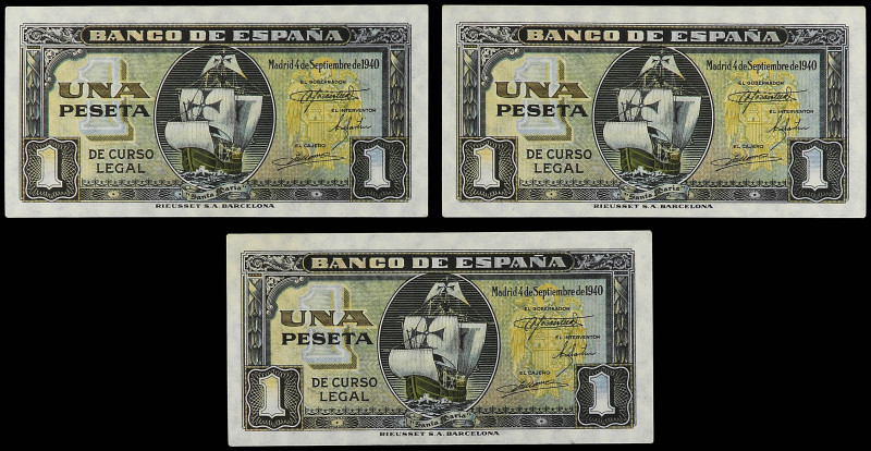 Lote 3 billetes 1 Peseta. 4 Septiembre 1940. Carabela. Serie I. Trío correlativo...