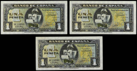 Lote 3 billetes 1 Peseta. 4 Septiembre 1940. Carabela. Serie I. Trío correlativo. Ed-442a. SC-.