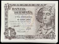 Lote 53 billetes 1 Peseta. 19 Junio 1948. Dama de Elche. Serie H (25) y M (30). Algunas agrupaciones correlativas. A EXAMINAR. Ed-457a. SC.