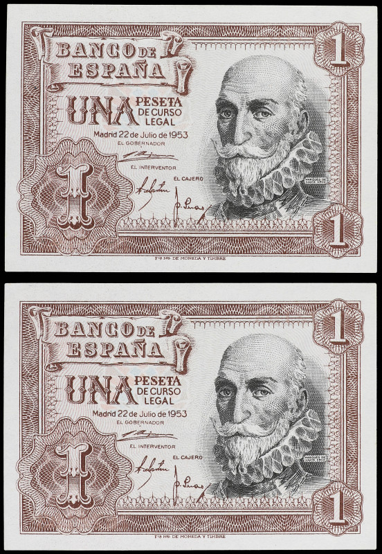 Lote 2 billetes 1 Peseta. 22 Julio 1953. Marqués de Santa Cruz. Sin serie. Parej...