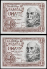 Lote 2 billetes 1 Peseta. 22 Julio 1953. Marqués de Santa Cruz. Sin serie. Pareja correlativa. Ed-465. SC.