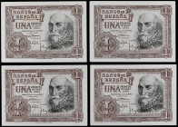 Lote 4 billetes 1 Peseta. 22 Julio 1953. Marqués de Santa Cruz. Sin Serie. Dos parejas correlativas. Ed-465. SC.