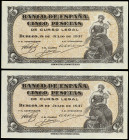 Lote 2 billetes 5 Pesetas. 18 Julio 1937. Portabella. Sin Serie. Pareja correlativa. (Arruga). Ed-424. SC-.