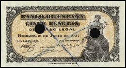 5 Pesetas. 18 Julio 1937. Portabella. Serie A. Sin numeración y con dos taladros centrales. (Tachados con cera azul, esquinas algo rozadas). Ed-424T. ...