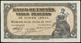 5 Pesetas. 18 Julio 1937. Portabella. Serie B. (Arruguitas). Ed-424a. EBC+.