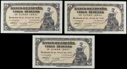 Lote 3 billetes 5 Pesetas. 18 Julio 1937. Portabella. Serie C. Trío correlativo. Ed-424a. SC.