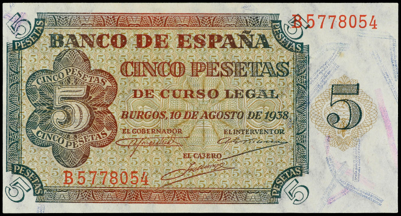 5 Pesetas. 10 Agosto 1938. Serie B. (Margen izquierdo algo recortado). Ed-435a. ...