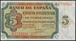 5 Pesetas. 10 Agosto 1938. Serie B. (Margen izquierdo algo recortado). Ed-435a. SC.