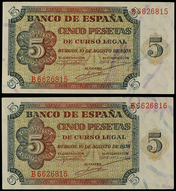 Lote 2 billetes 5 Pesetas. 10 Agosto 1938. Serie B. Pareja correlativa. Ed-435a....