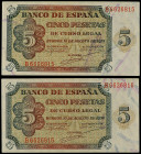 Lote 2 billetes 5 Pesetas. 10 Agosto 1938. Serie B. Pareja correlativa. Ed-435a. EBC a EBC+.