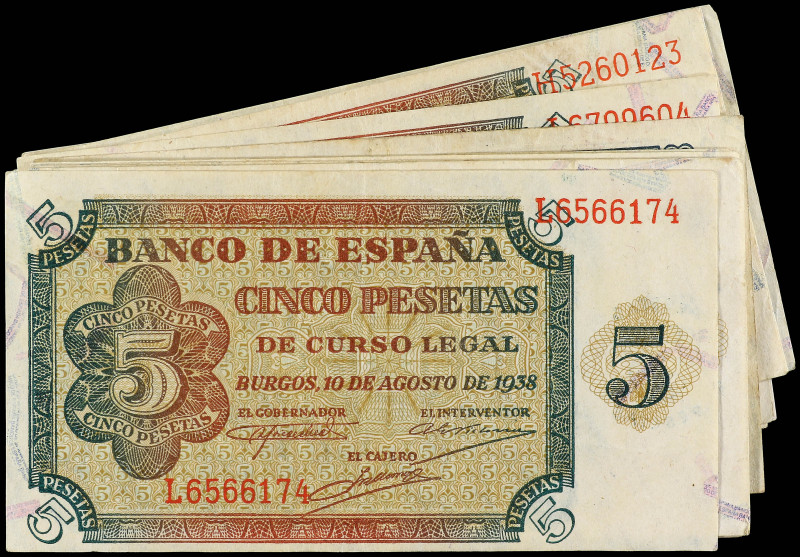 Lote 14 billetes 5 Pesetas. 10 Agosto 1938. Series H, K y L. Ed-435a. MBC+ a EBC...