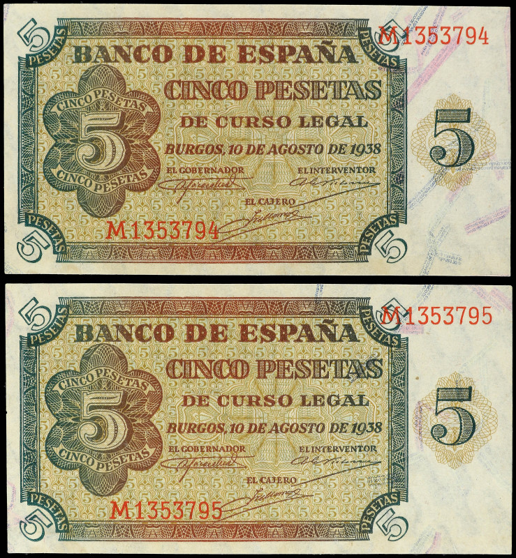 Lote 2 billetes 5 Pesetas. 10 Agosto 1938. Serie M. Pareja correlativa. (Arrugui...