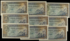 Lote 9 billetes 5 Pesetas. 4 Septiembre 1940. Alcázar de Segovia. Serie D a L. Incluye tres parejas correlativos. A EXAMINAR. Ed-443a. EBC a SC-.