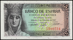 5 Pesetas. 13 Febrero 1943. Isabel la Católica. Sin Serie. (Arruga en margen derecho). Ed-446. SC-.