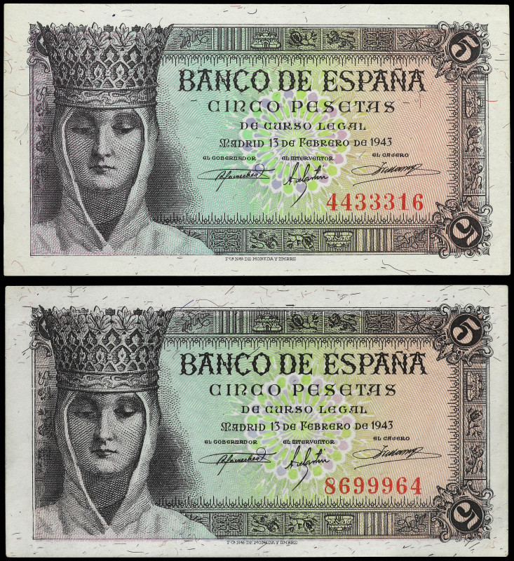 Lote 2 billetes 5 Pesetas. 13 Febrero 1943. Isabel la Católica. Sin Serie. (Leví...