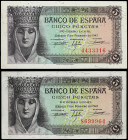 Lote 2 billetes 5 Pesetas. 13 Febrero 1943. Isabel la Católica. Sin Serie. (Levísimas arruguitas, levísimas manchitas y alguna esquina algo rozada). A...