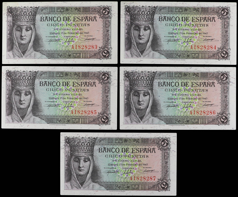 Lote 5 billetes 5 Pesetas. 13 Febrero 1943. Isabel la Católica. Serie A. Quintet...