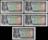 Lote 5 billetes 5 Pesetas. 13 Febrero 1943. Isabel la Católica. Serie A. Quinteto correlativo. (Todos con arruga). Ed-446a. SC.