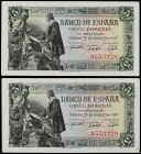 Lote 2 billetes 5 Pesetas. 15 Junio 1945. Capitulaciones de Santa Fe. Sin Serie. Pareja correlativa. (Arrugas, Esquinas rozadas y redondeadas, mancha)...