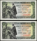 Lote 2 billetes 5 Pesetas. 15 Junio 1945. Capitulaciones de Santa Fe. Sin Serie. Pareja correlativa. (Levisimas arruguitas). Ed-449. EBC+.