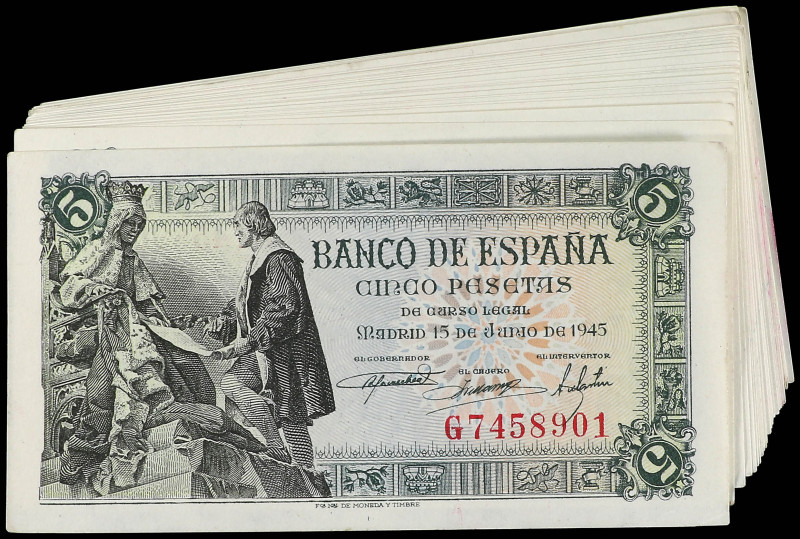 Lote 31 billetes 5 Pesetas. 15 Junio 1945. Capitulaciones de Santa Fe. Serie G. ...