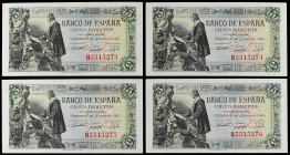 Lote 4 billetes 5 Pesetas. 15 Junio 1945. Capitulaciones de Santa Fe. Serie H. Cuarteto correlativo. Ed-449a. SC.