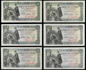 Lote 6 billetes 5 Pesetas. 15 Junio 1945. Capitulaciones de Santa Fe. Series: B, E, G, J. (Algunos con manchitas). Ed-449a. MBC+.