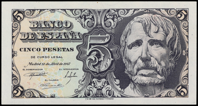 5 Pesetas. 12 Abril 1947. Séneca. Sin serie. (Arruguitas y esquina algo tocada)....