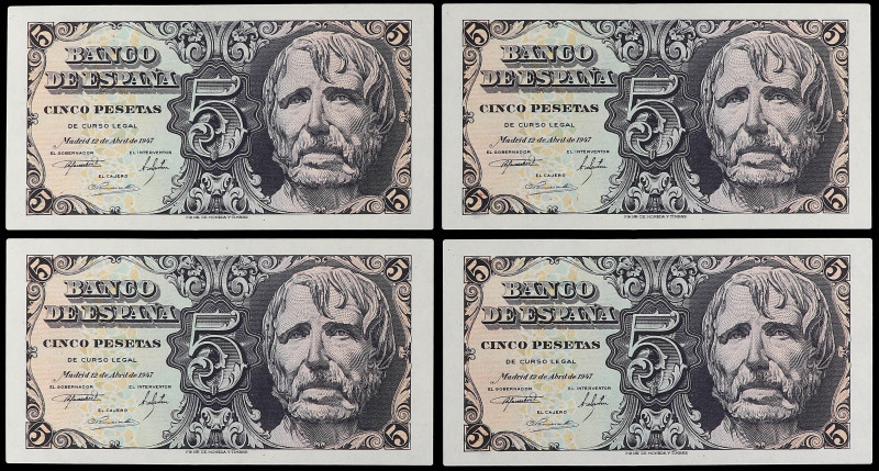 Lote 4 billetes 5 Pesetas. 12 Abril 1947. Séneca. Serie A. Cuarteto correlativo....