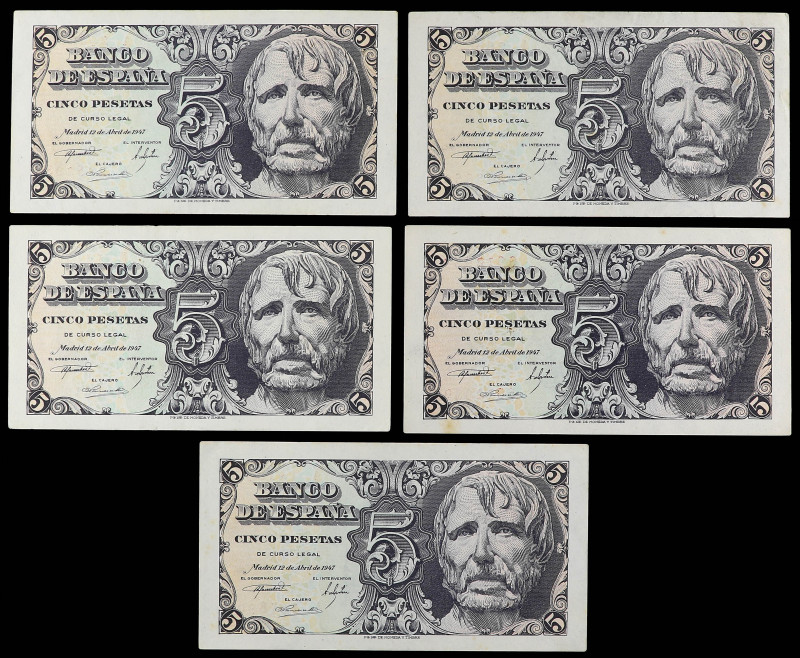 Lote 5 billetes 5 Pesetas. 12 Abril 1947. Séneca. Sin serie, serie A (3) y serie...