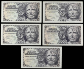 Lote 5 billetes 5 Pesetas. 12 Abril 1947. Séneca. Sin serie, serie A (3) y serie E. (Algunos con manchitas). Ed-454, 454a, 454b. MBC+.