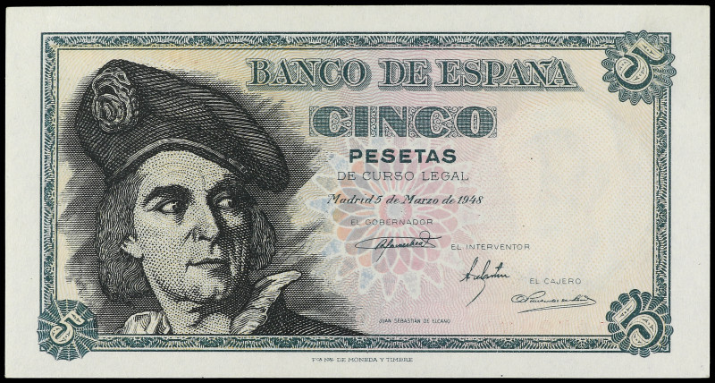 5 Pesetas. 5 Marzo 1948. Elcano. Sin Serie. Ed-455. SC.