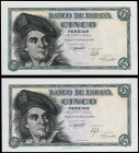 Lote 2 billetes 5 Pesetas. 5 Marzo 1948. Elcano. Sin serie. Pareja correlativa. Ed-455. EBC+.