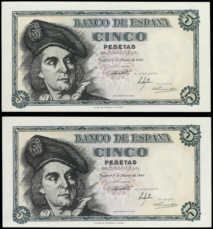 Lote 2 billetes 5 Pesetas. 5 Marzo 1948. Elcano. Serie A. Pareja correlativa. Ed...