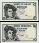 Lote 2 billetes 5 Pesetas. 5 Marzo 1948. Elcano. Serie A. Pareja correlativa. Ed-455a. EBC.