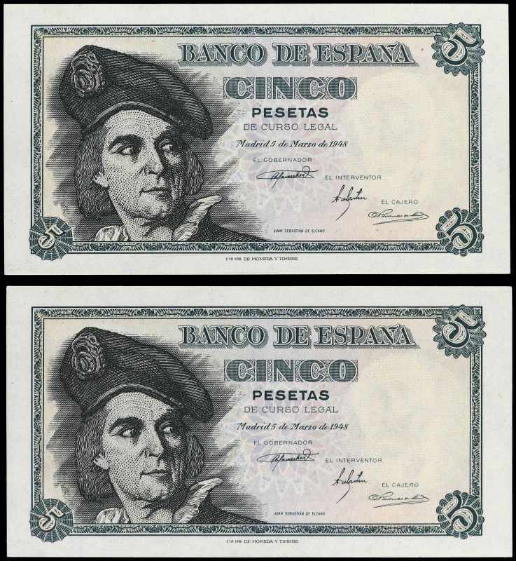 Lote 2 billetes 5 Pesetas. 5 Marzo 1948. Elcano. Serie E. Pareja correlativa. (A...