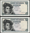 Lote 2 billetes 5 Pesetas. 5 Marzo 1948. Elcano. Serie E. Pareja correlativa. (Arruguita en esquina). Ed-455a. SC-.