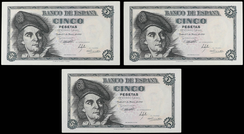 Lote 3 billetes 5 Pesetas. 5 Marzo 1948. Elcano. Serie E. Trío correlativo. Ed-4...