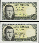 Lote 2 billetes 5 Pesetas. 16 Agosto 1951. Balmes. Sin serie. Pareja correlativa. Ed-459. SC.