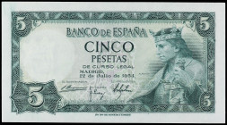 5 Pesetas. 22 julio 1954. Alfonso X. Sin Serie. (Levísimas manchitas de impresión). Ed-466. SC.