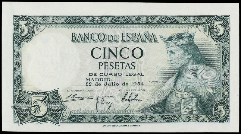 5 Pesetas. 22 Julio 1954. Alfonso X. Sin Serie. Ed-466. EBC.