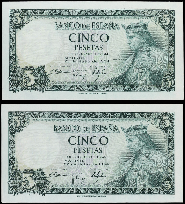 Lote 2 billetes 5 Pesetas. 22 julio 1954. Alfonso X. Sin Serie. Pareja correlati...