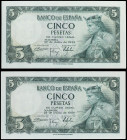 Lote 2 billetes 5 Pesetas. 22 julio 1954. Alfonso X. Sin Serie. Pareja correlativa. (Una esquina levísimamente rozada). Ed-466. SC.