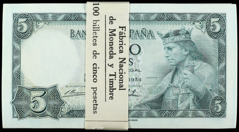 Lote 100 billetes 5 Pesetas. 22 Julio 1954. Alfonso X. Serie D. Todos correlativ...