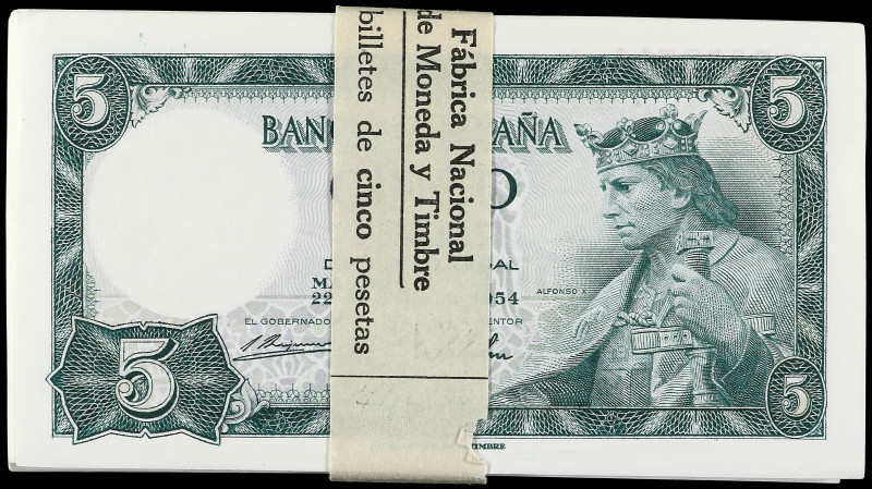 Lote 73 billetes 5 Pesetas. 22 Julio 1954. Alfonso X. Serie Q. Todos correlativo...