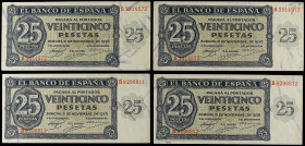 Lote 4 billetes 25 Pesetas. 21 Noviembre 1936. Series R y S. Dos parejas correlativas. (Esquinas algo redondeadas). A EXAMINAR. Ed-419a. EBC+ a SC-.