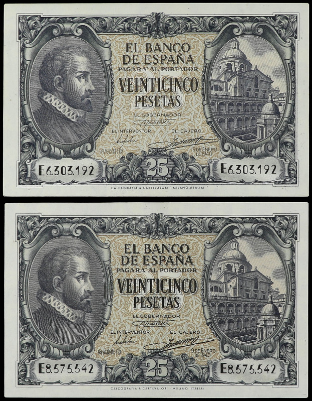 Lote 2 billetes 25 Pesetas. 9 Enero 1940. Herrera. Serie E. (esquinas algo redon...